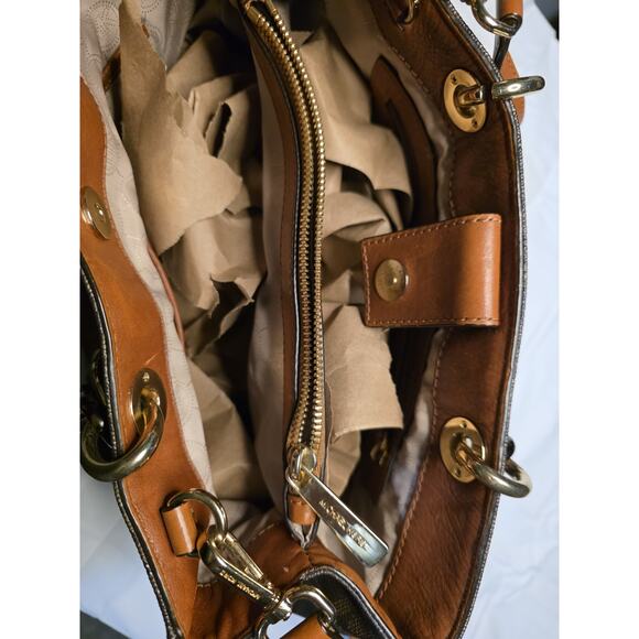 Michael Kors Cynthia Signature Satchel Crossbody Brown MK Logo Bag Gold Hardware - Picture 6 of 8